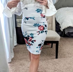 White floral knee length pencil skirt